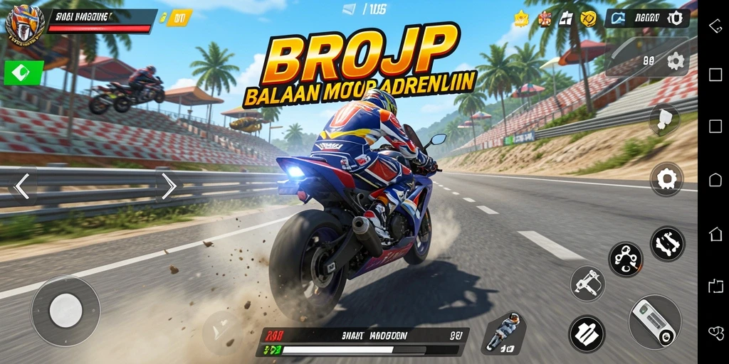Screenshot menunjukkan aksi balapan motor yang mendebarkan di BROJP.