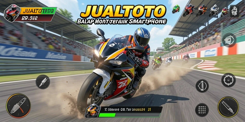 Screenshot JUALTOTO yang menunjukkan balapan motor yang intens dan mendebarkan.