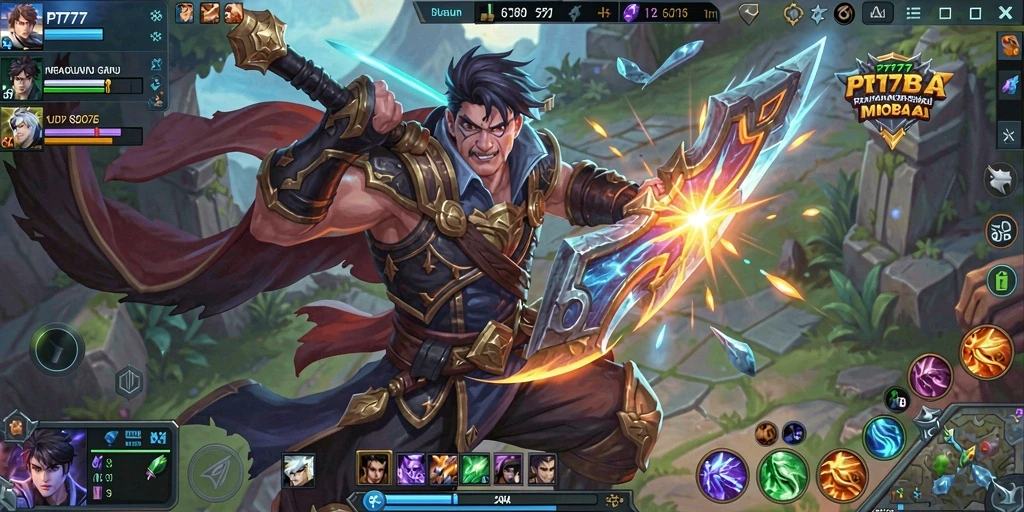 Screenshot utama PT777 yang menampilkan aksi gameplay MOBA
