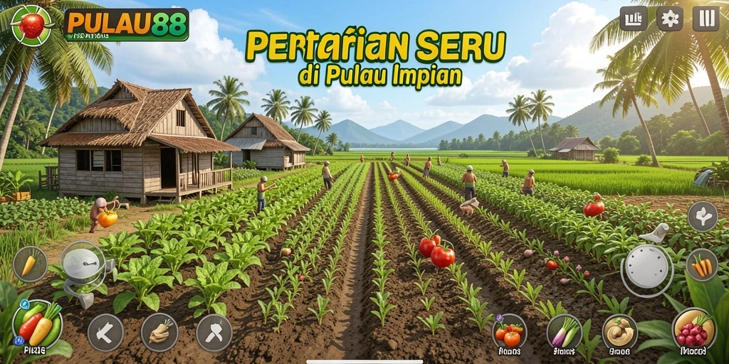 Tangkapan layar PULAU88 menampilkan aktivitas bertani di pulau tropis.