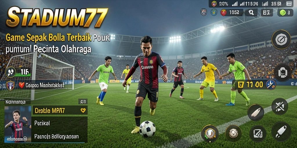 Screenshot gameplay STADIUM77 menampilkan aksi seru di lapangan sepak bola.