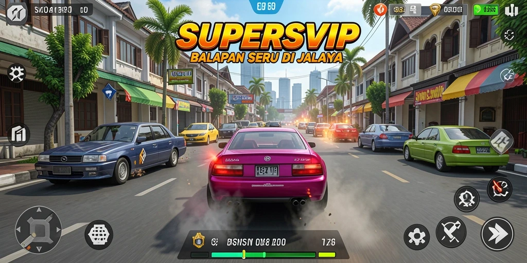Tangkapan layar gameplay SUPERSVIP yang menunjukkan kecepatan mobil balap.