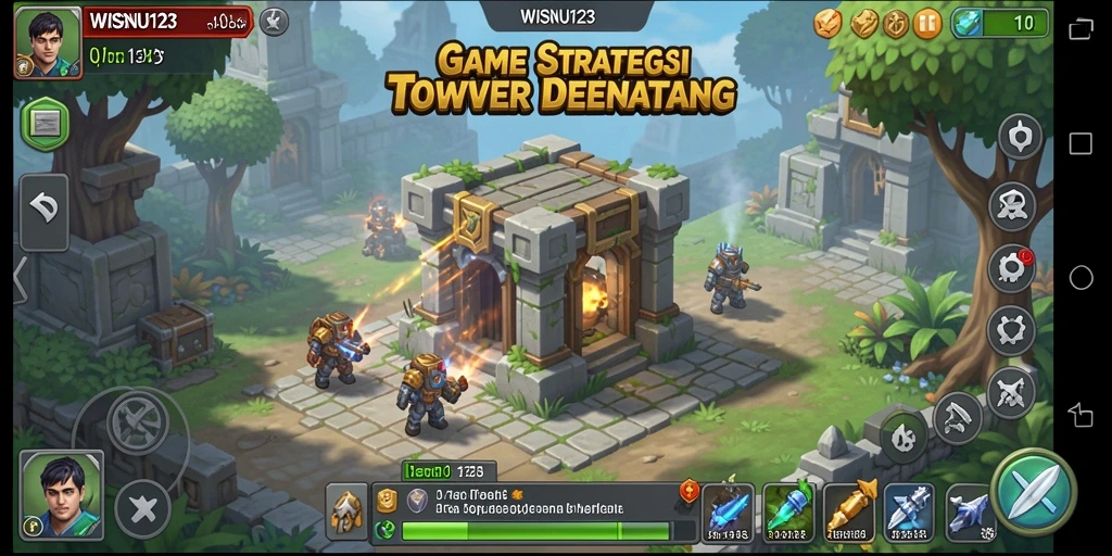 Screenshot gameplay WISNU123 menampilkan menara yang mengagumkan dan musuh beragam.